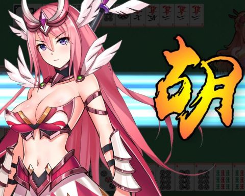 A screenshot from Another World Mahjong Girl. It shows a woman with long pink hair wearing pink/red armour and very little else.