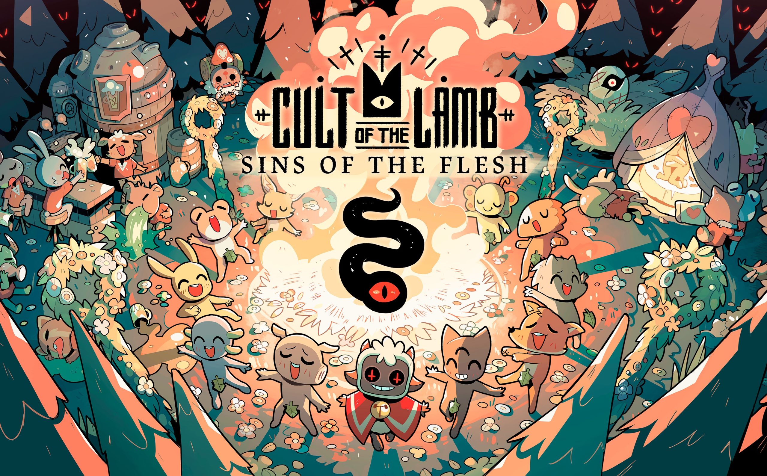 The key art for Cult of the Lamb's next free update, Sins of the Flesh.