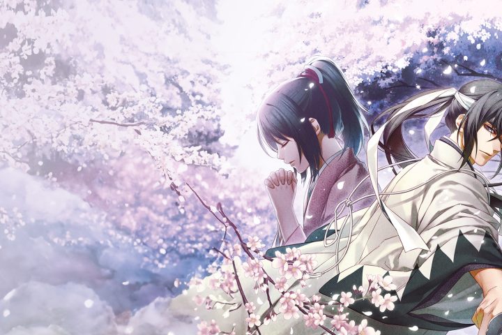 The key art for Hakuoki: Chronicles of Wind and Blossom. It is an illustration of two people surrounded by cherry blossoms.