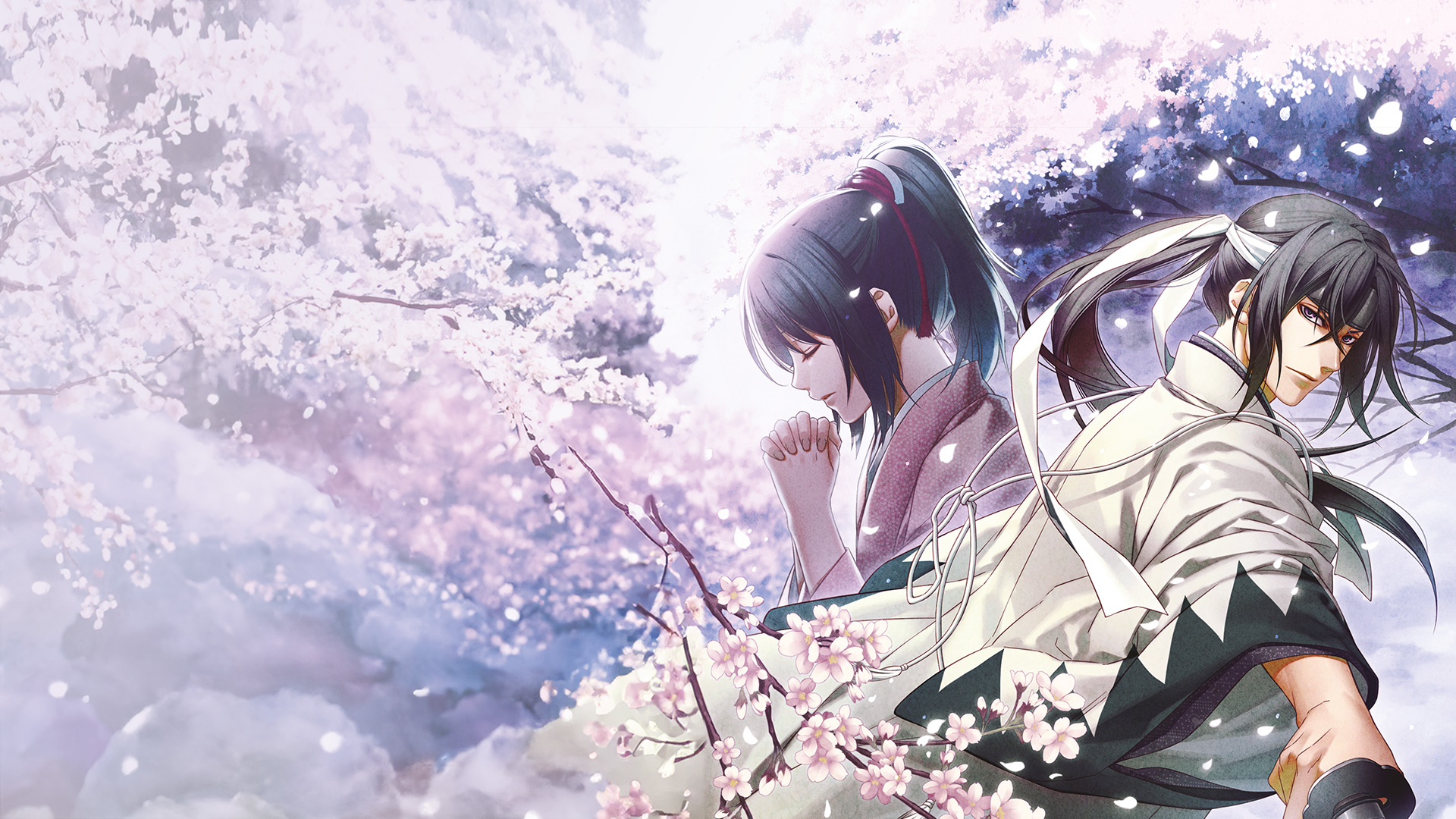 The key art for Hakuoki: Chronicles of Wind and Blossom. It is an illustration of two people surrounded by cherry blossoms.