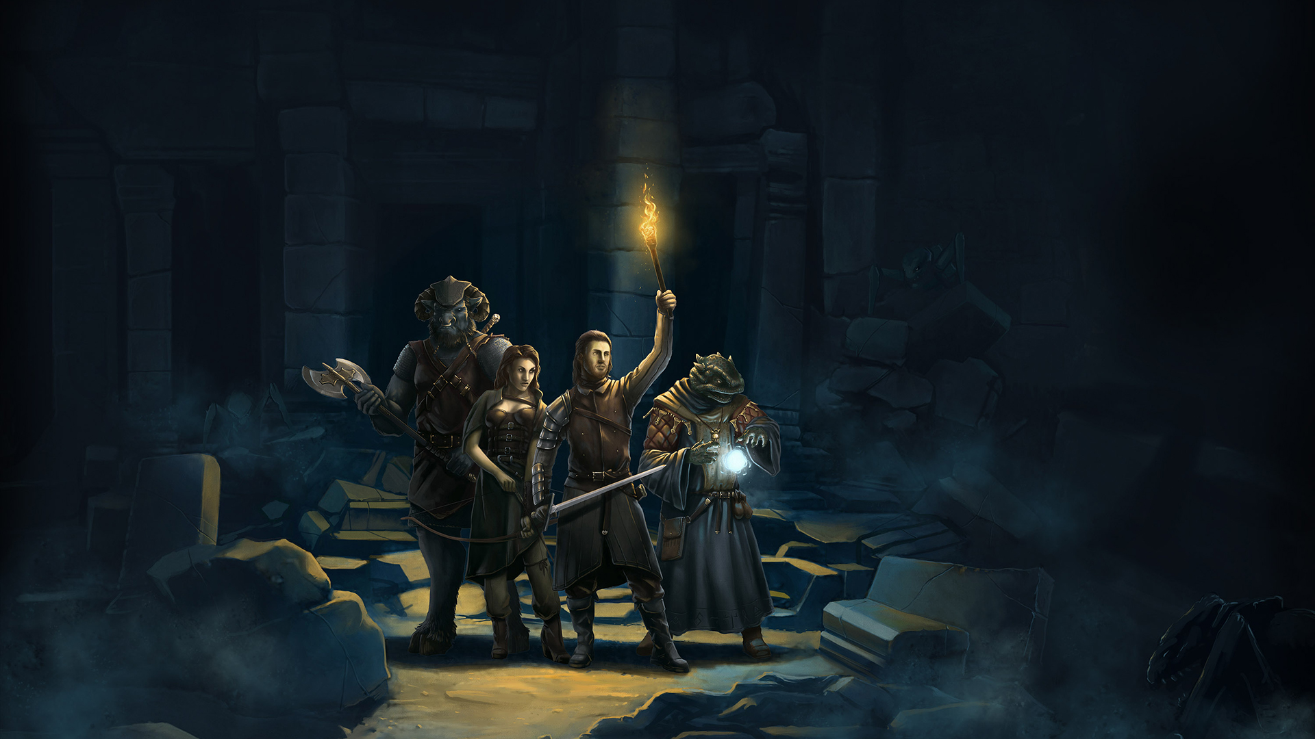 The key art for Legend of Grimrock. In this illustration, two beasts, a man, and a woman stand in a darkened cavern.