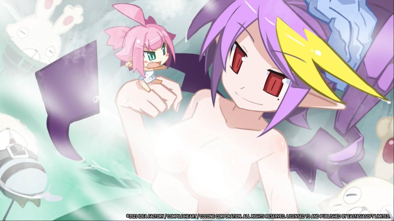 A screenshot from Mugen Souls Z. A miniature woman, wearing a towel and with pink hair, sits snagrily upon the hand of a larger, naked woman with purple hair. Her breasts are blurred out.