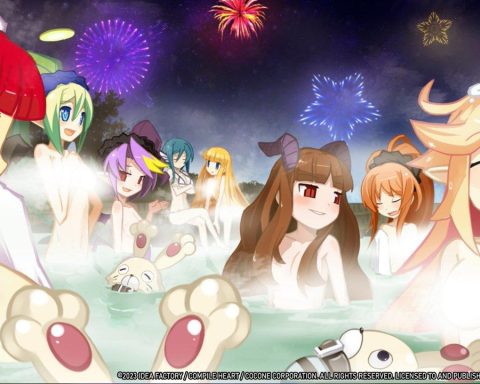 A screenshot from Mugen Souls Z. Multiple nude women are in what appears to be a hot spring, with fireworks in the sky.