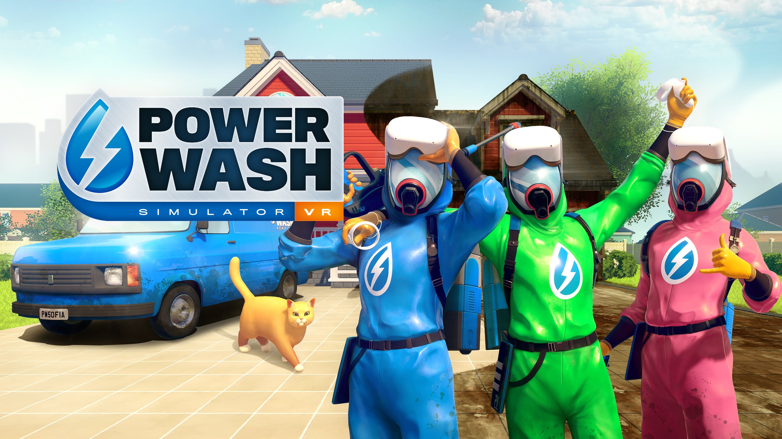 The key art for PowerWash Simulator VR. In the background is a red two-story house and a blue van. In the foreground are three people dressed head-to-toe in protective gear: one in blue, one in green, and one in pink.