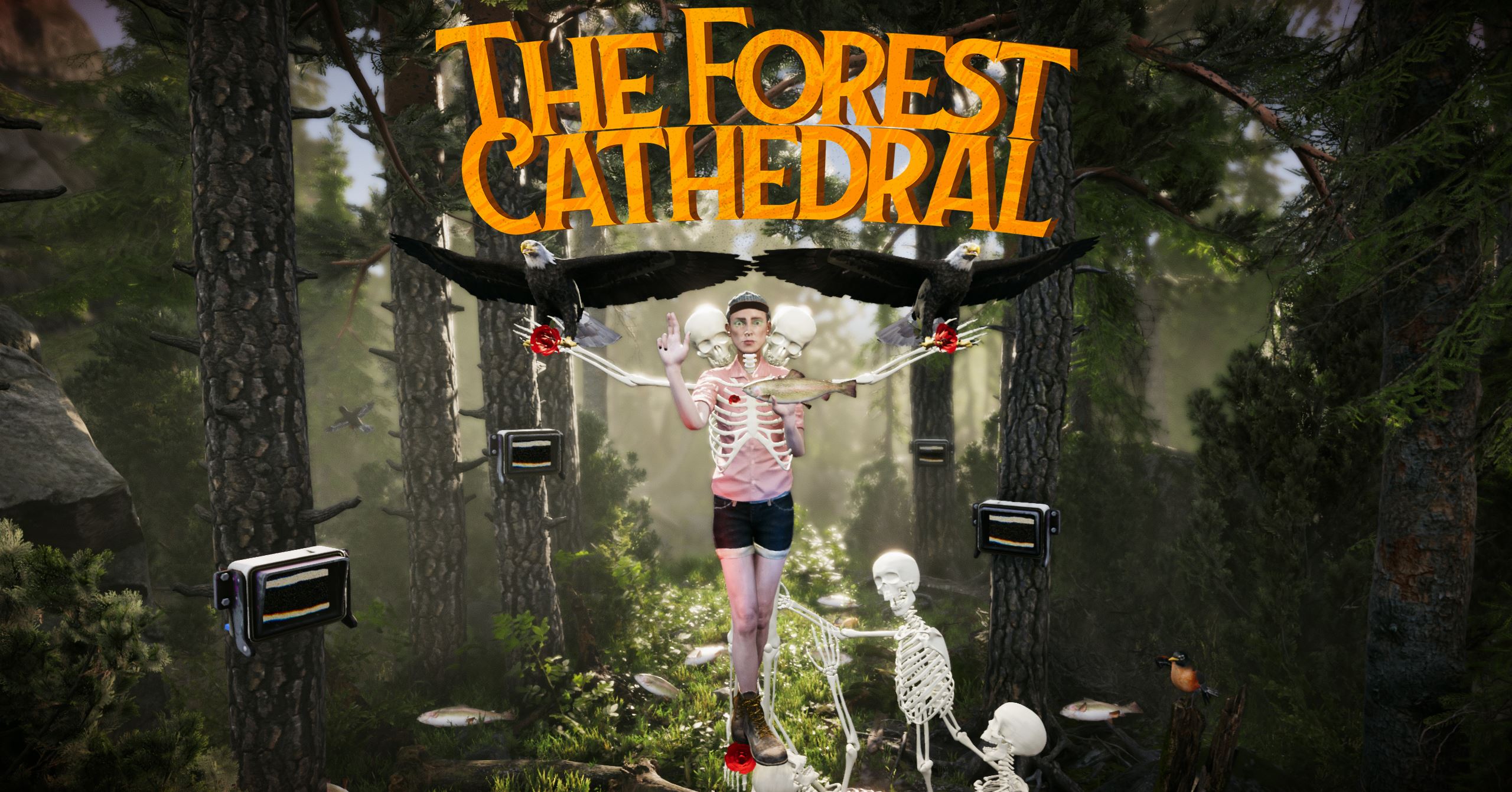 The key art The Forest Cathedral. The background is a forest. In the foreground, up top, is the game's logo. Below is a human with its skeleton superimposed on top of it. There are two eagles in the sky and many dead fish on the ground. There is another full skeleton sitting on the ground, reaching for the person.