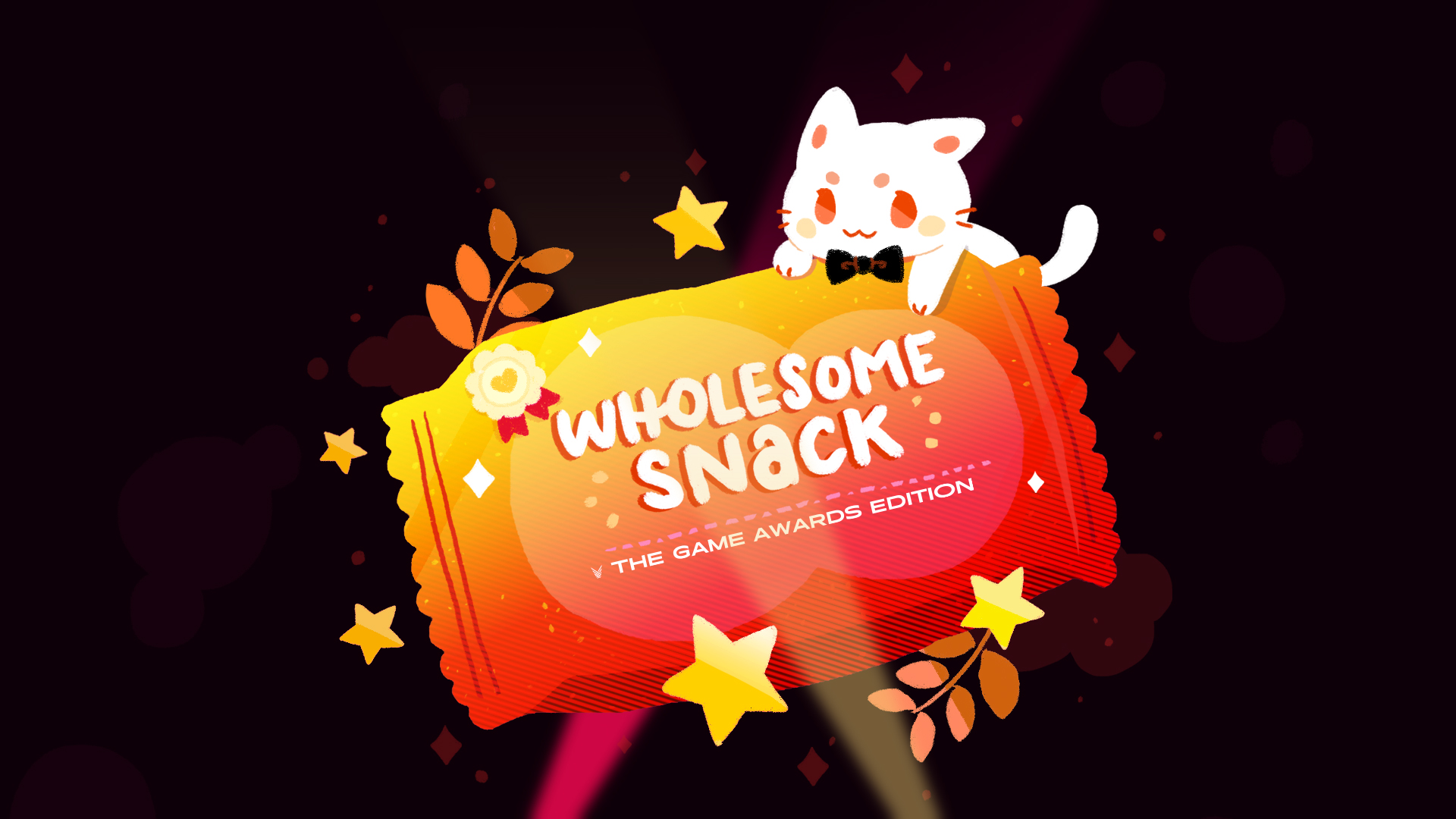 A small white cat is holding on to a very large (over twice its size) treat in a wrapper. The wrapper advertises Wholesome Snack: The Game Awards Edition.