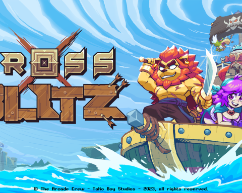 The key art for Cross Blitz, featuring the game's logo on the left and a green boat containing a buff lion and a purple-haired human.