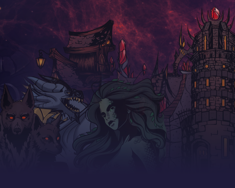Artwork for Dark Lord. In the background is a castle's turret. In the foreground are a person with an iron helmet/mask, a three-headed dog, a dragon from the neck up, and a woman with long hair and scales for skin.