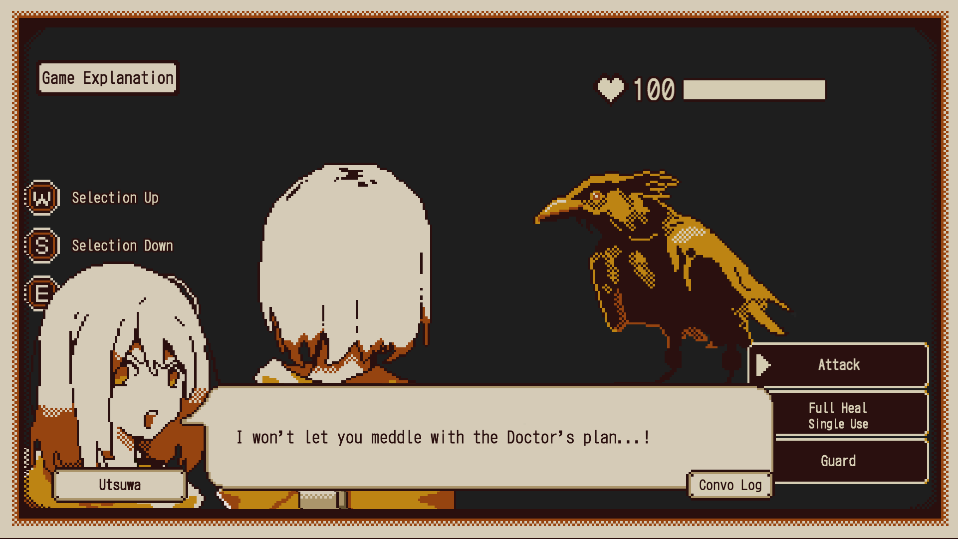 A screenshot from Refind Self. Utuswa is facing an enemy, a bird. She can attack, full heal single use, or guard.