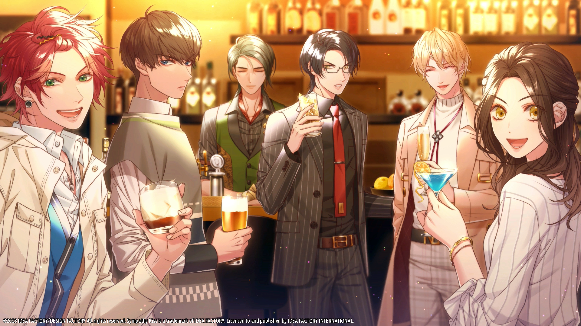 A screenshot from Sympathy Kiss. Five men and one woman stand at a bar, each with a different drink in hand.