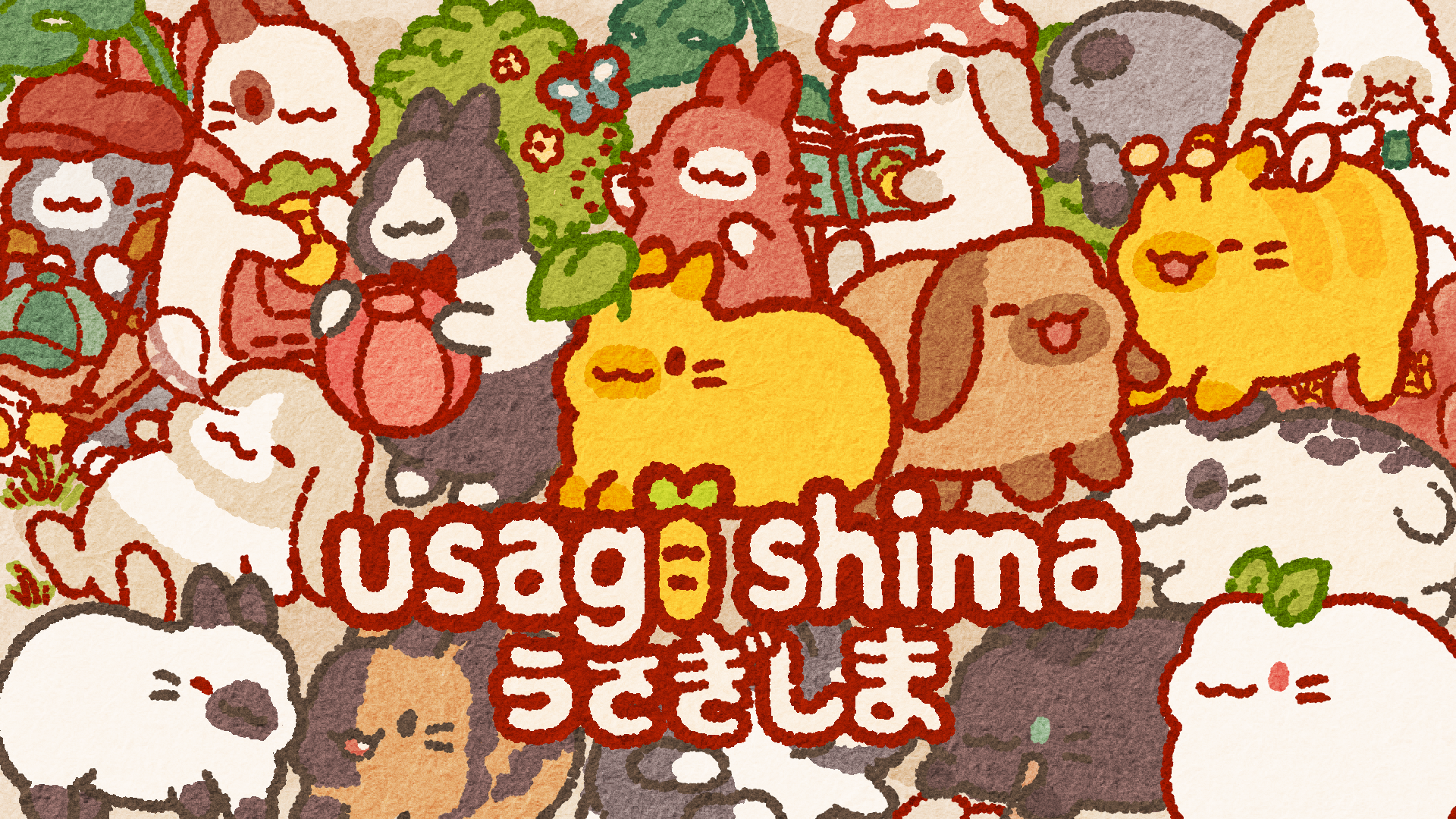 The key art for Usagi Shima, featuring the game's name in English and Japanese and loads of bunnies.